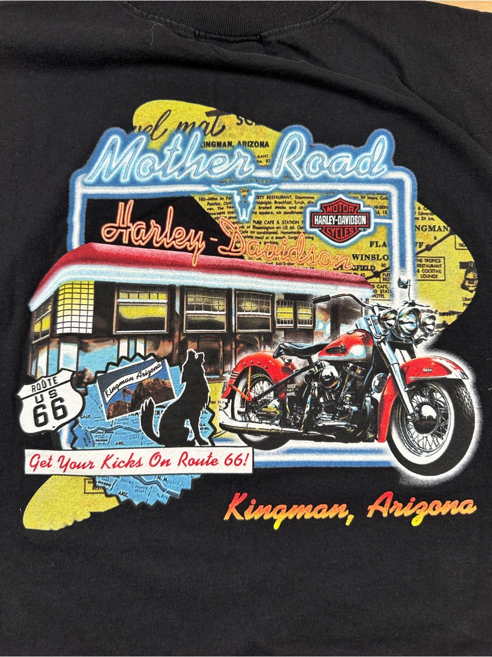 Harley-Davidson Black Tee with Red Motorcycle Route 66 Graphic
